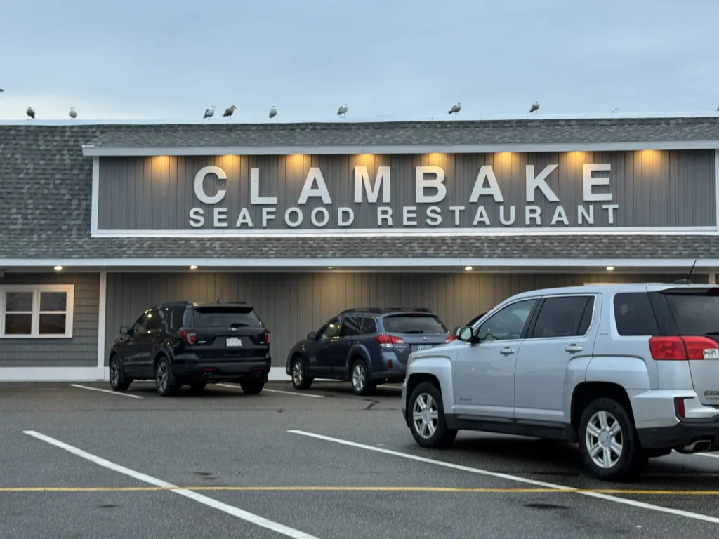 Tried and True medical cannabis delivery route past The Clambake seafood restaurant sign in Scarborough Maine.