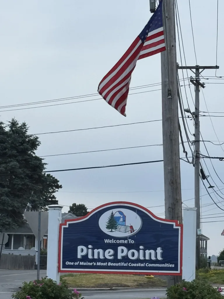 Tried and True medical cannabis delivery route past the Welcome to Pine Point coastal community sign in Scarborough Maine.